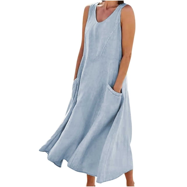 Bowake Robes Décontractées pour Femmes Col en V Sans Manches Robe en Coton Lin Couleur Unie Robe Longue d'Été de Plage avec Poches