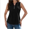 thumbnail image 5 of VBVC Women's Cotton Linen Sleeveless Blouse , Ladies' Half Button Pleated Tank Top , Casual V Neck Summer Shirt For Women, *Black , XX-Large, 5 of 8
