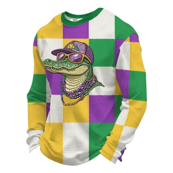 CONZONE Mardi Gras Men's T-Shirts Long Sleeve Knit T Shirts for Men Casual Crew Neck Carnival Graphic Lightweight Tees Soft Cozy Athletic Tops