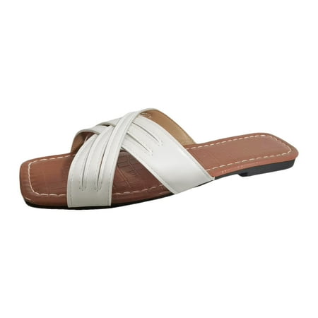 

ZHAGHMIN Womens Wedge Sandals Size6.5 Dressy Square Toe Summer Sandals for Women Soft Leather Flat Bottom Large Size Strappy Slippers Slides White