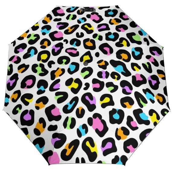 Rainbow Leopard Print Umbrella for Rain - Portable, Double Layer Automatic Folding Umbrella UV Protection for Rain Car Travel Outdoor Men Women