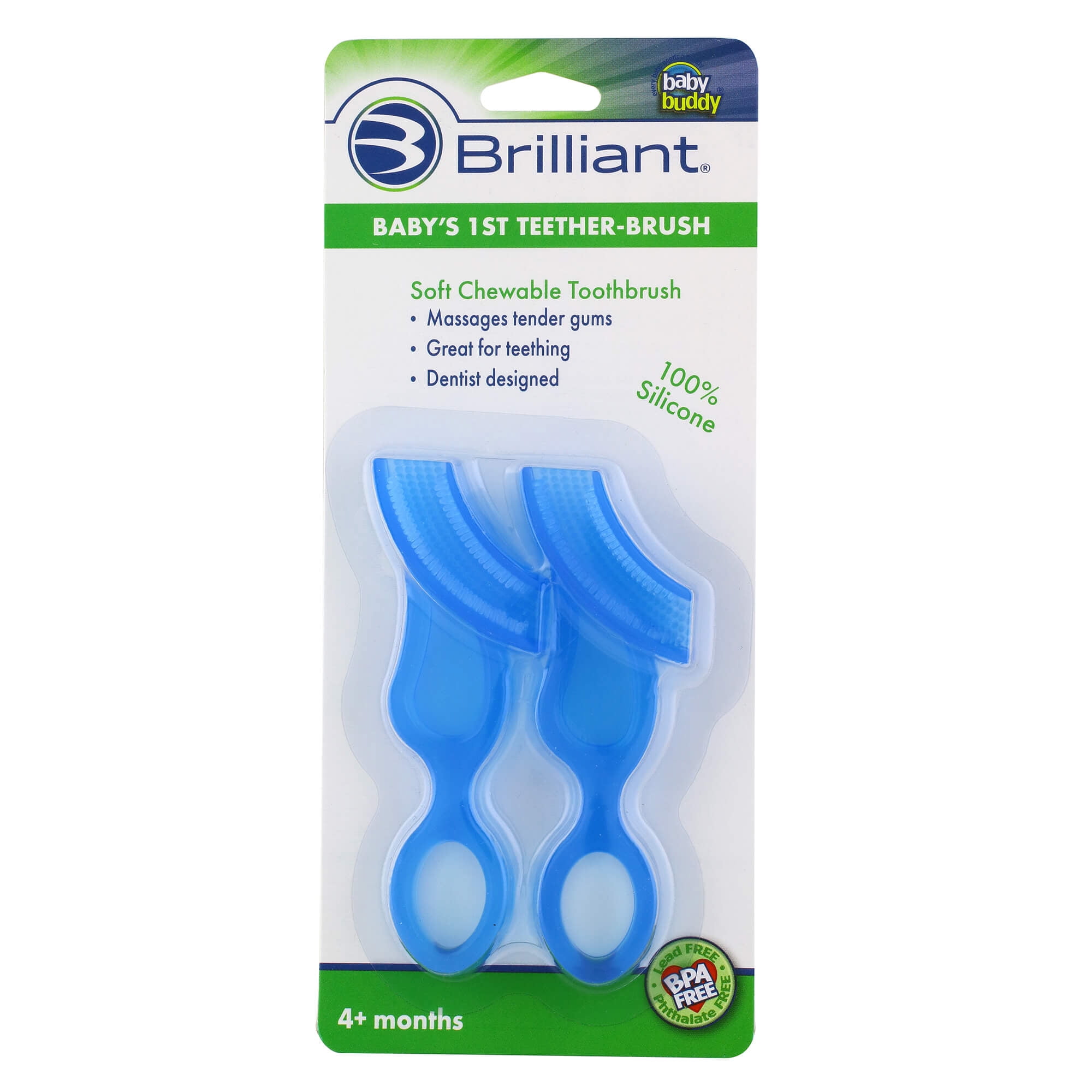 Brilliant Baby's 1st Toothbrush, Baby Teether, BPA-Free Chewable Silicone for Toddler, Blue, 2 Ct
