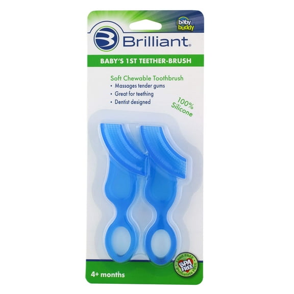 Brilliant Baby's 1st Toothbrush, Baby Teether, BPA-Free Chewable Silicone for Toddler, Blue, 2 Ct