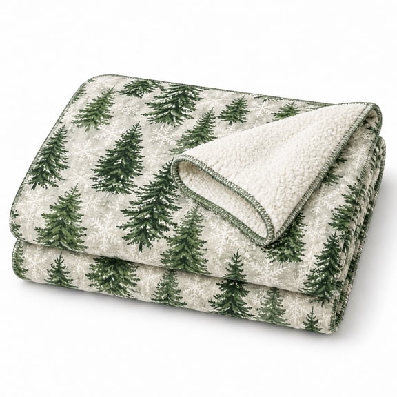 Pine Tree Sherpa Blanket, Green Forest Snowflake Fleece Throw for Sofa, Cozy Winter Throw Blanket