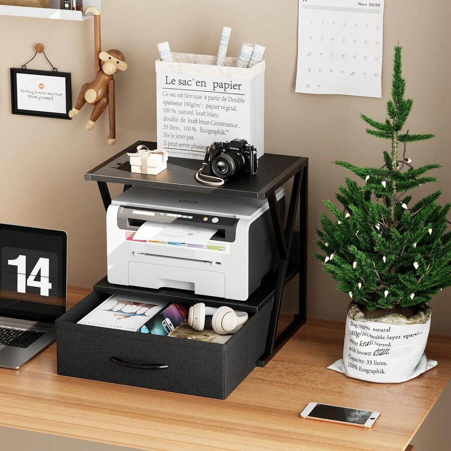 Printer Stand For Desk With Storage Drawer, 2 Tier Desktop Or Under Desk Shelf, Multi-Purpose Desk Organizer For Home Office, Fit Fax Machine/3D Printer/Scanner, Black