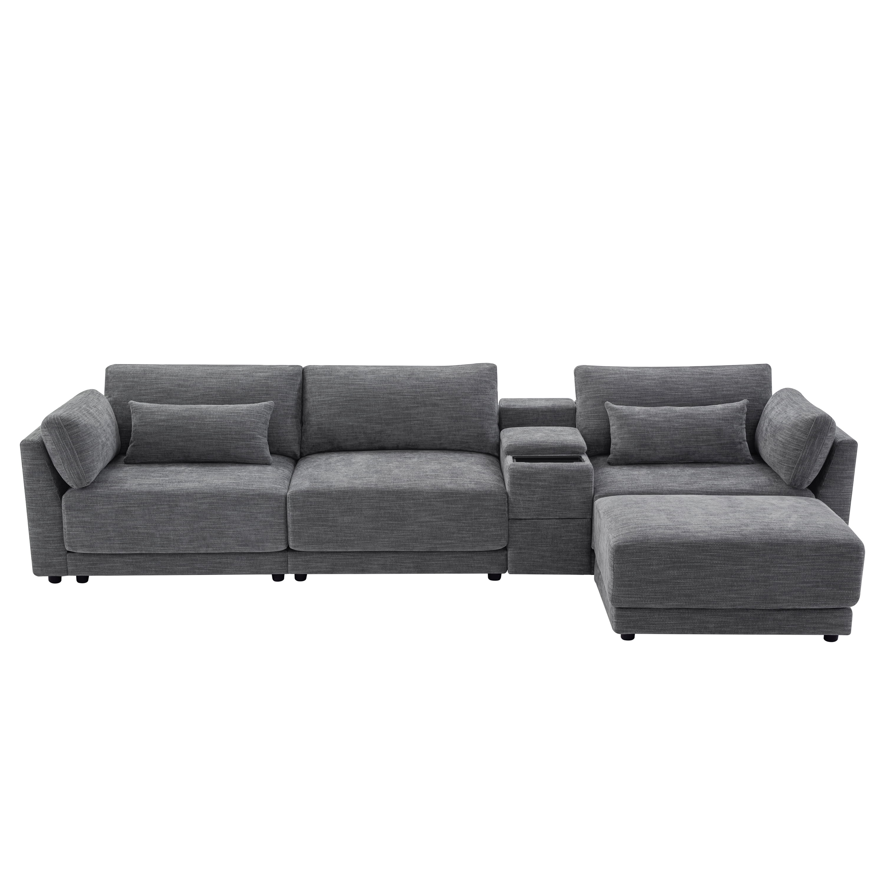 Sectional Sofa, L Shaped Couch, 4-Seat Sofa with Multi-Function Storage Console, Device Platform and Movable Ottoman, Wide 33 Inch Thick Cushion Chenille for Living Room, 124 Inch, Gray