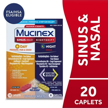 Mucinex Sinus-Max Day Pressure, Pain & Cough & Nightshift Sinus Medicine, OTC Symptom Relief, 20 Caplets