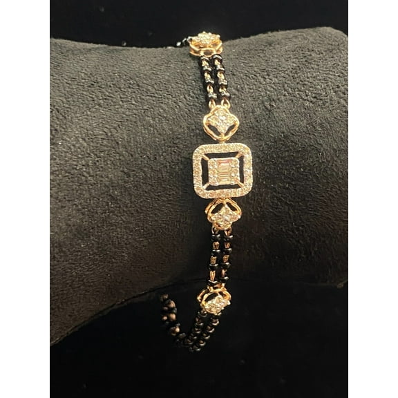 0.79 Cts Round Baguette Cut Diamonds Black Bead Mangalsutra Bracelet In Hallmark 14K Rose Gold
