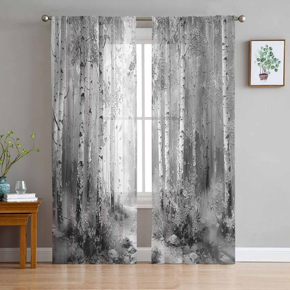 Grey Semi Sheer Curtains 84 Inch Length 2 Panels Set, Modern Oil Painting Art Forest Sheer Kitchen Curtain Privacy Voile Window Curtain for Living Room Bedroom Rod Pocket Drapes
