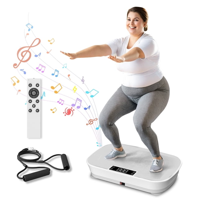COOLHUT vibrating plate exercise machine in white, designed for weight loss, shaping, and conditioning. The compact vibration plate features an LED touch screen and remote control for speed adjustment from 0 to 99. It includes resistance bands for enhanced workouts and emits therapeutic vibrations to improve muscle strength, bone density, and blood circulation. A person is shown performing a squat on the machine, with musical notes in the background symbolizing a dynamic workout experience.