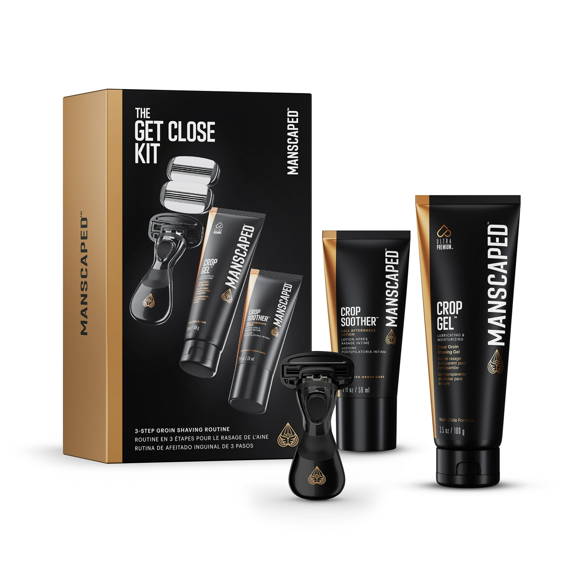 MANSCAPED® Get Close Kit for Men, 3-Step Shaving Routine with Crop Gel®, Crop Soother® Aftershave Lotion & 2 Replacement Blades, with Storage Case
