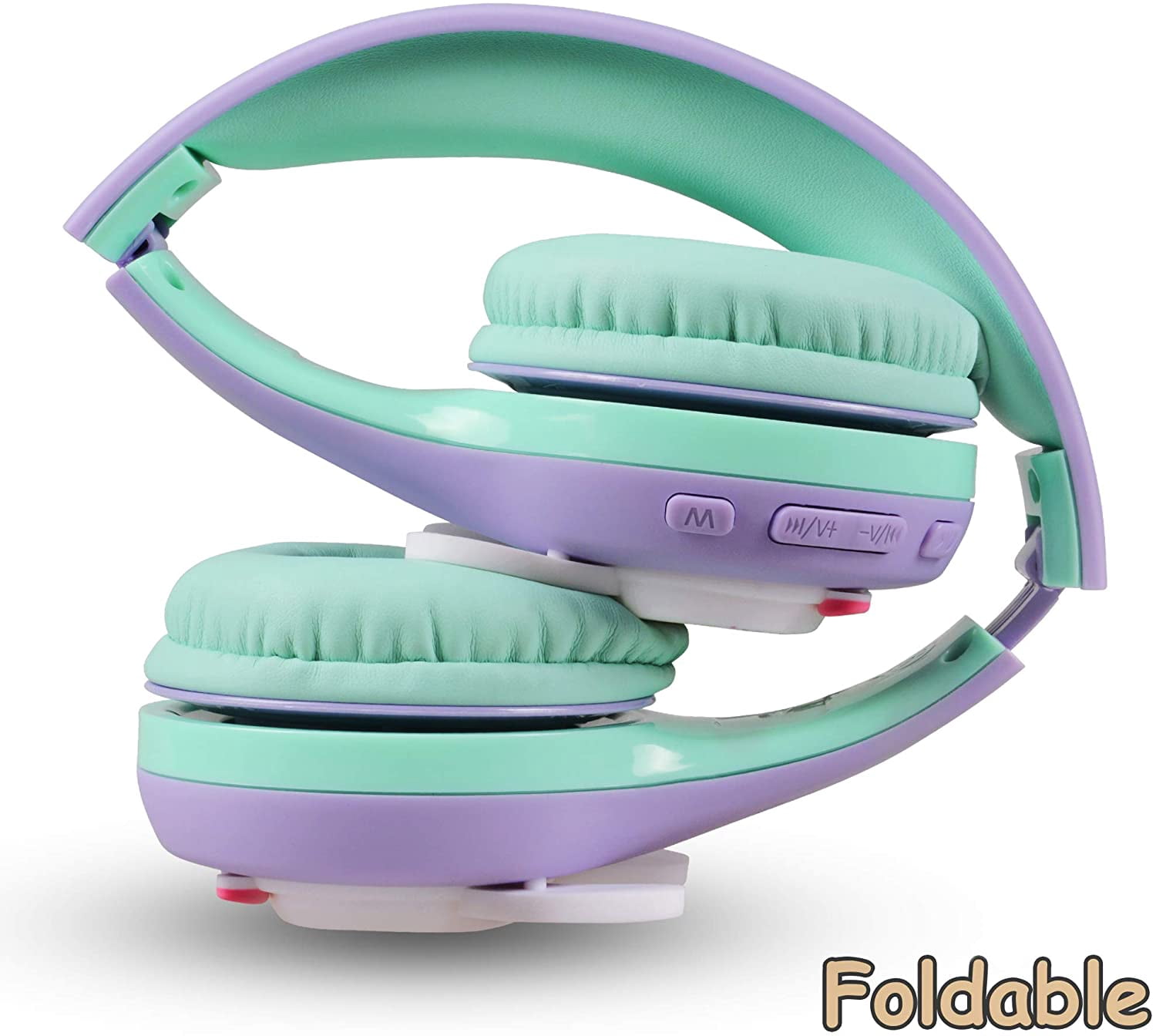 Riwbox RB-7S Rabbit Kids Headphones Wireless, LED Light Up Bluetooth Over Ear Headset Volume Limited Safe 75dB/85dB/95dB with Mic and TF-Card, Children Headphones for Girls Boys (Purple&Green)