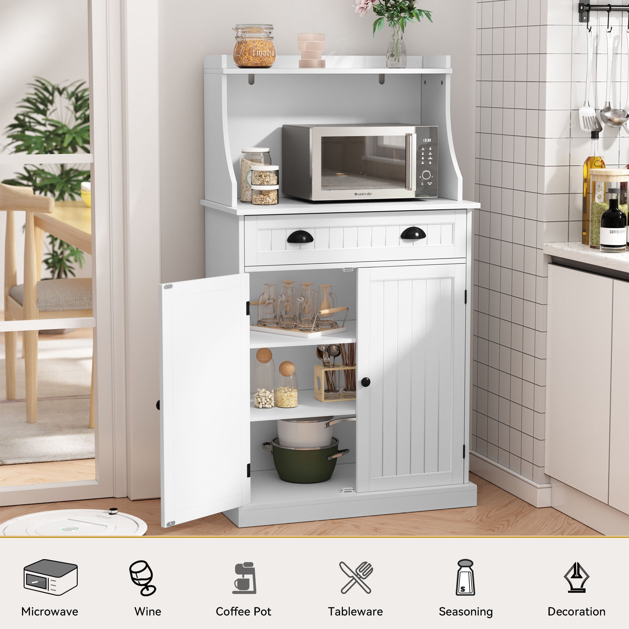 CBJCBJ 54" Kitchen Pantry Cabinet with Door & Shelves, Sideboard Buffet Cabinet with Microwave Stand for Dining Room, White