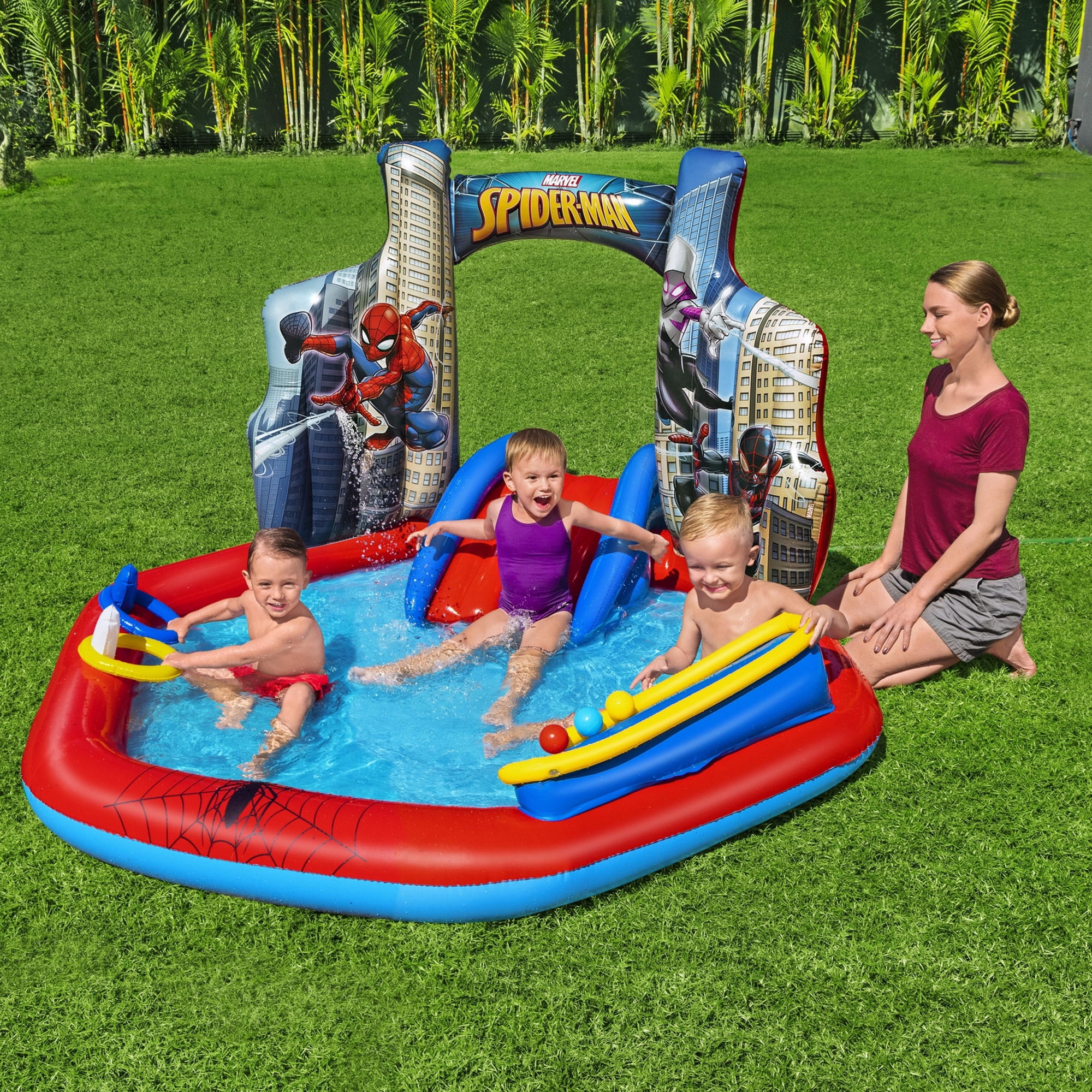 Bestway: Spider-Man Inflatable Water Play Center - 6'11"x6'9"x50", Splash Pool-Slide-Arch Sprayer, 6 Balls, Marvel Superhero Ring Toss, Toddler-Kid 2+