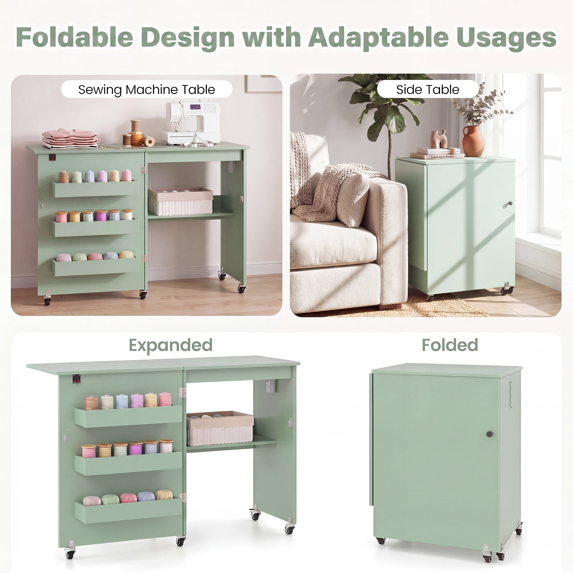Costway Folding Sewing Machine Table with Power Outlets, 3 Storage Bins & Open Shelf Olive Green