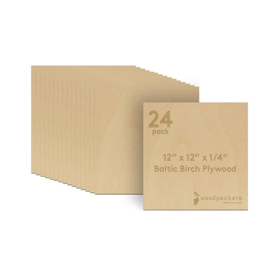 6 mm Baltic Birch Plywood 1/4 x 12 x 12 Inch, Box of 24 B/BB Grade Craft Wood, Stronger Than Basswood Sheets, for Laser, CNC Cutting and Wood Burning, by Woodpeckers