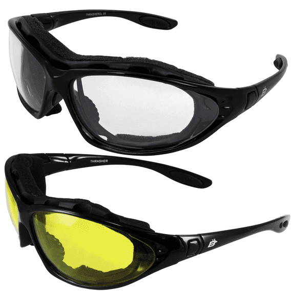 Birdz Eyewear Thrasher Padded Motorcycle Sunglasses for Men & Women Convertible to Goggles 2 Pairs Black Frame with Clear Yellow Lenses