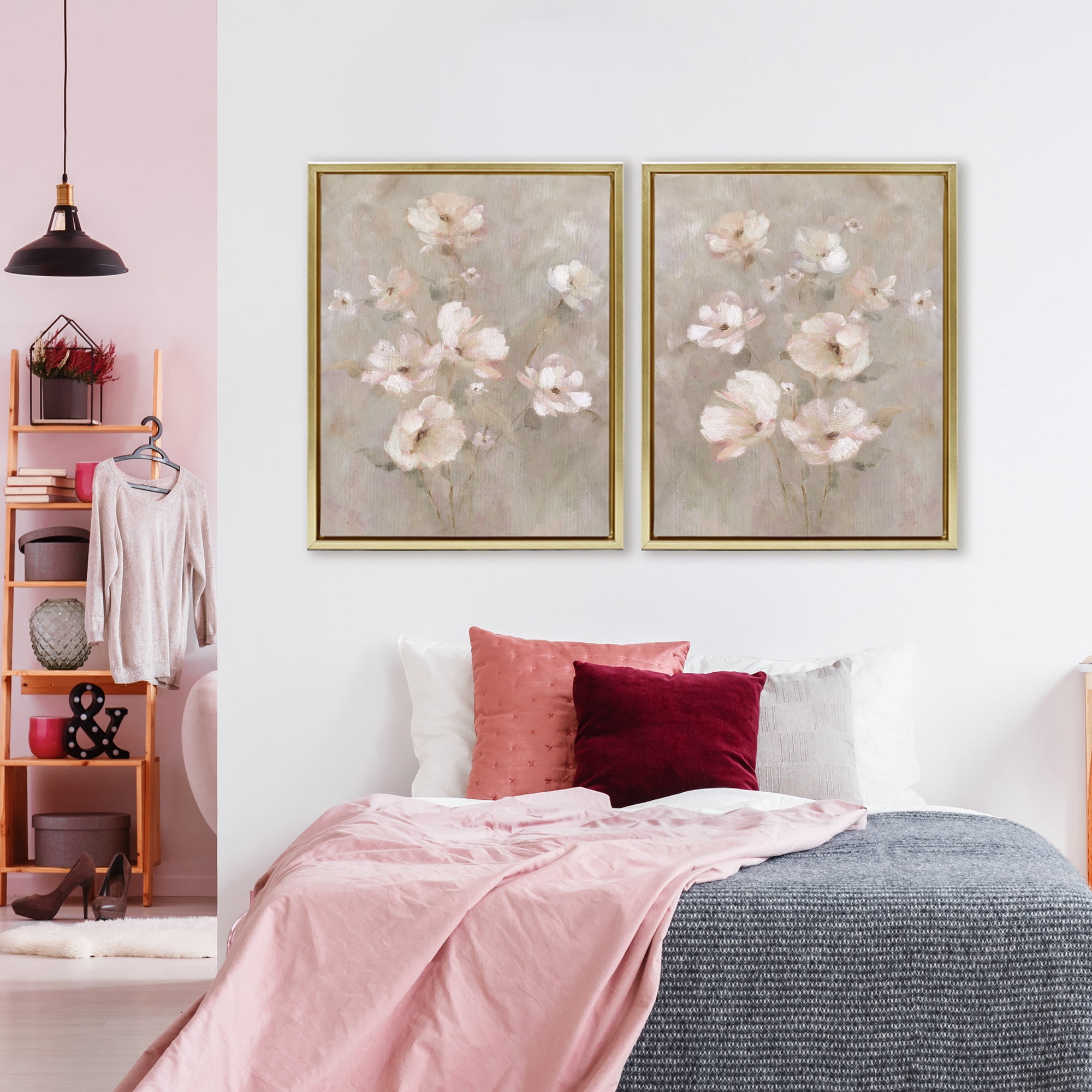 Stupell Industries Arranged Blush Blossoms 2 Piece Gold Framed Floater Canvas Set, design by Carol Robinson