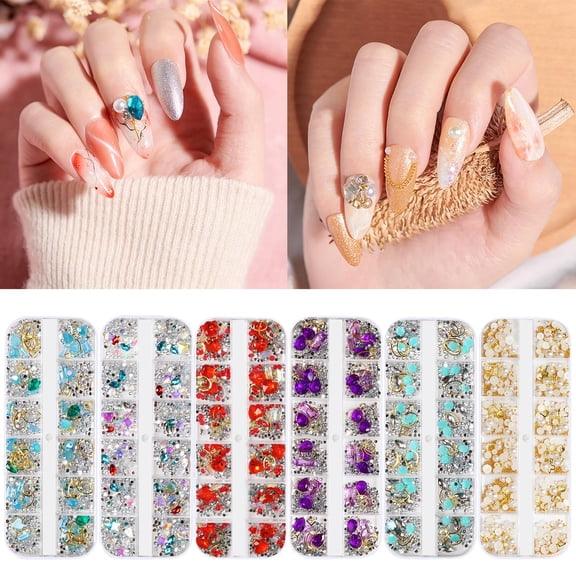 CPHDW7 Nail Charms Set, Transparent Compartment Container with Assorted Gems and Nail Stickers, Shiny Jewelry for Nail Decoration and Craft Projects