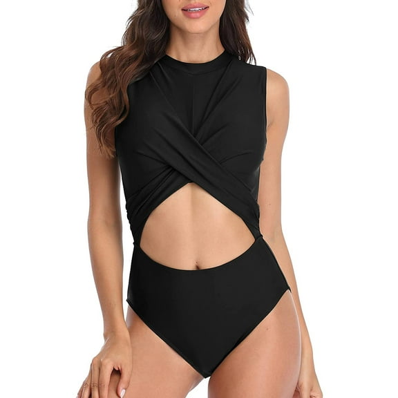 Womens One Piece Swimsuit High Neck Criss Cross Front Monokinis Sexy Cut Out Backless Swimwear