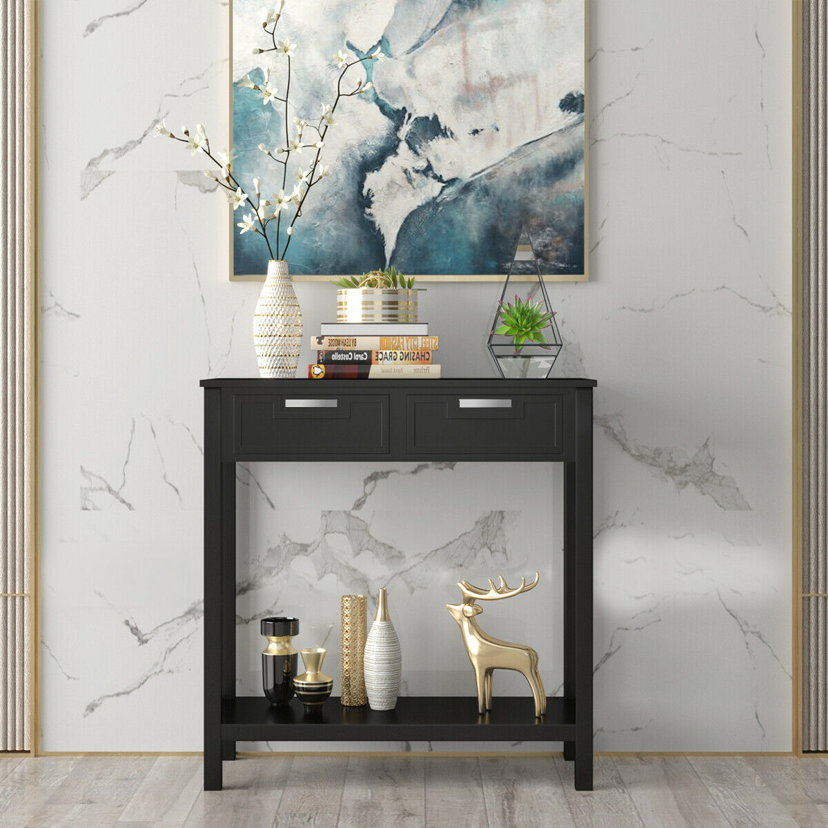 Gymax Console Table with 2 Drawers, Black