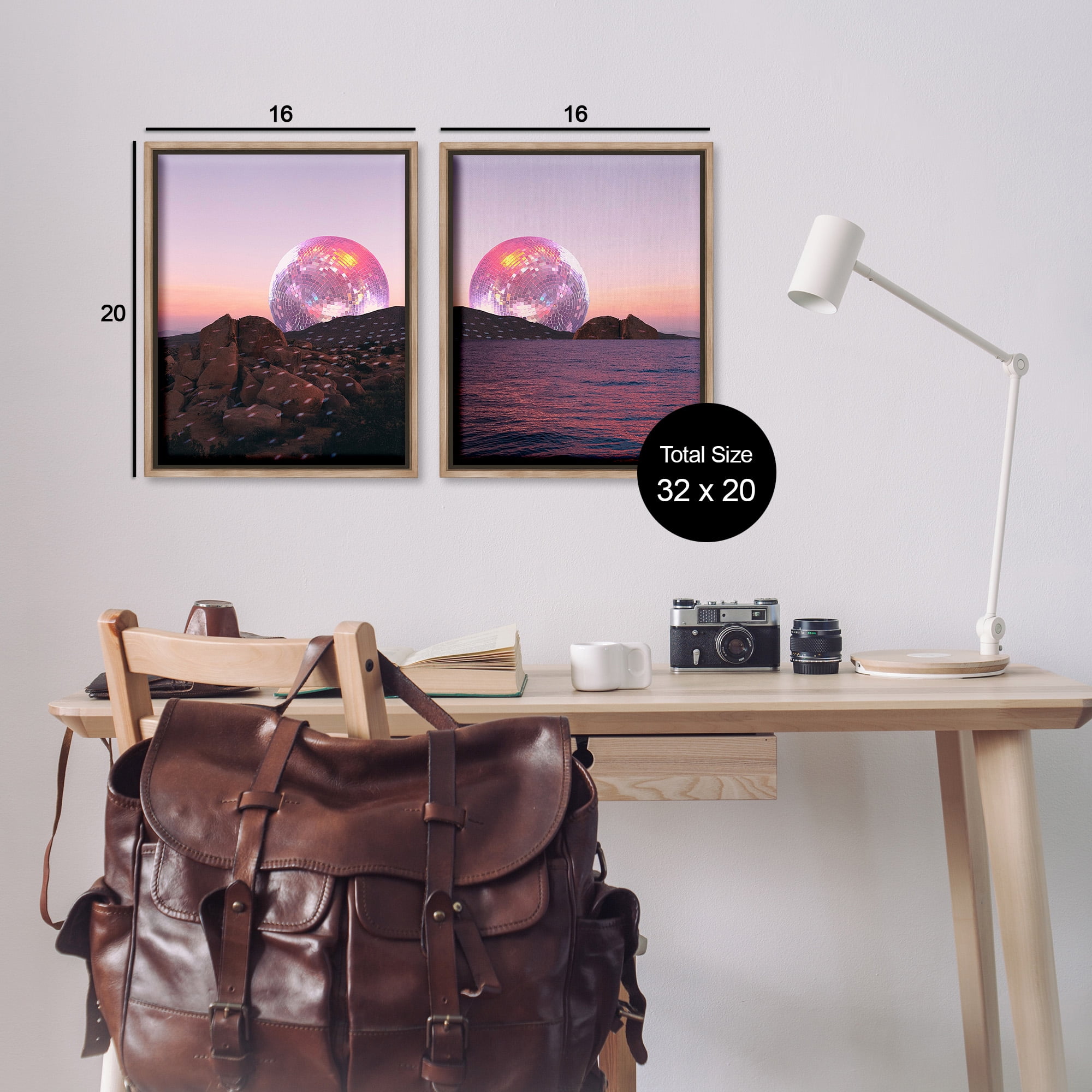 Stupell Industries Surreal Disco Ball Landscape Landscape Painting Brown Floater Framed Canvas Art Print Wall Art, 17 x 21, Set of 2