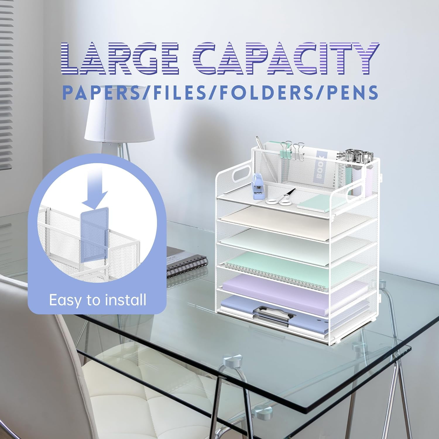 INTIGE 6 Tier Metal Desk File Organizer with Handle and Pen Holders, White, 1 Piece