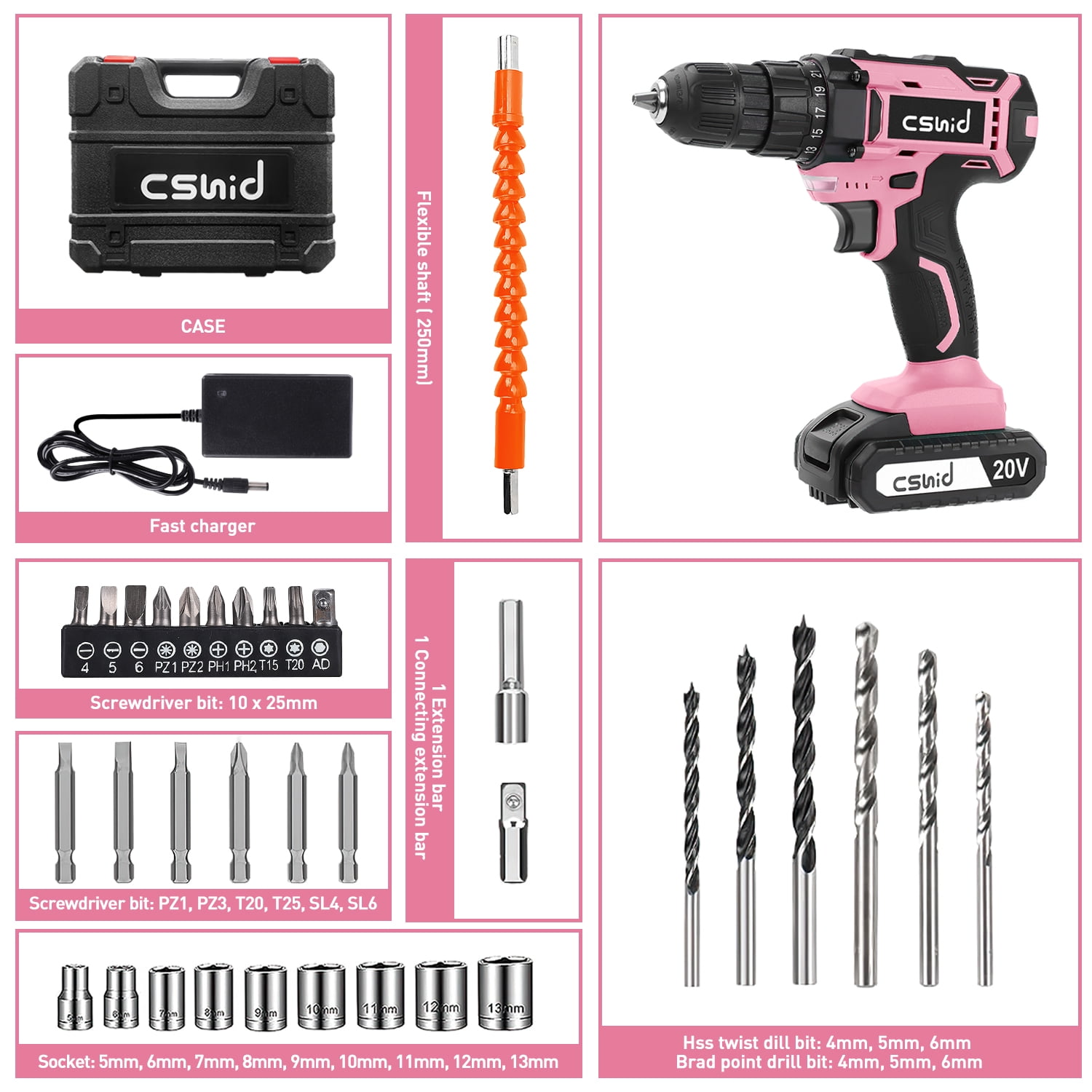 Cshidworld 20V Cordless Power Drill Set, Drill Kit with 1 Lithium-Ion & Charger, 3/8" Keyless Chuck, Electric Drill W/ 2 Variable Speed & LED Light, 25+1 Position and 34pcs Drill/Driver Bits(Pink)