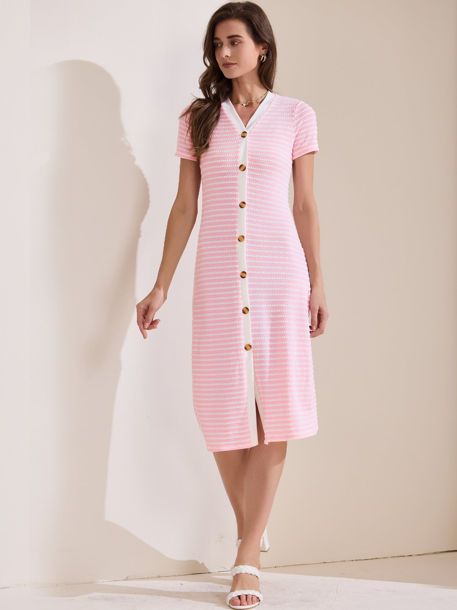 DARING DIVA Striped Ribbed Knit Short Sleeve Midi Dress XL Pink