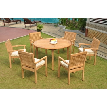 Grade-A Teak Dining Set: 6 Seater 7 Pc: 52" Round Table And 6 Leveb Stacking Arm Chairs Outdoor Patio WholesaleTeak #WMDSWVm