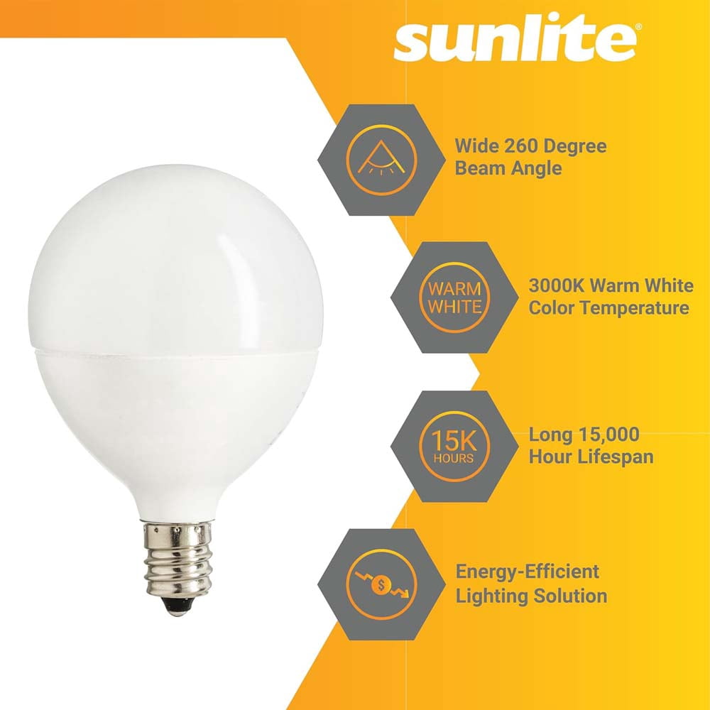 Sunlite G16.5 Light Bulb, LED, 5W (40W Equiv.), 350 Lumens, Dimmable, E12 Base, 3000K, Frosted, 6 Ct, ETL