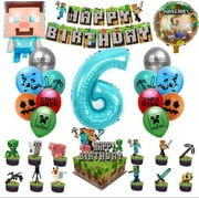 Pixel Minecraft Gaming Party Balloons with Age Number Balloon and Birthday Cake/Banner Decor Gamer Party Favors