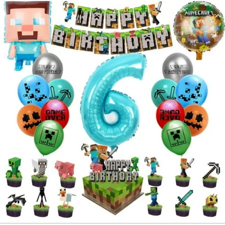 Pixel Minecraft Gaming Party Balloons with Age Number Balloon and Birthday Cake/Banner Decor Gamer Party Favors