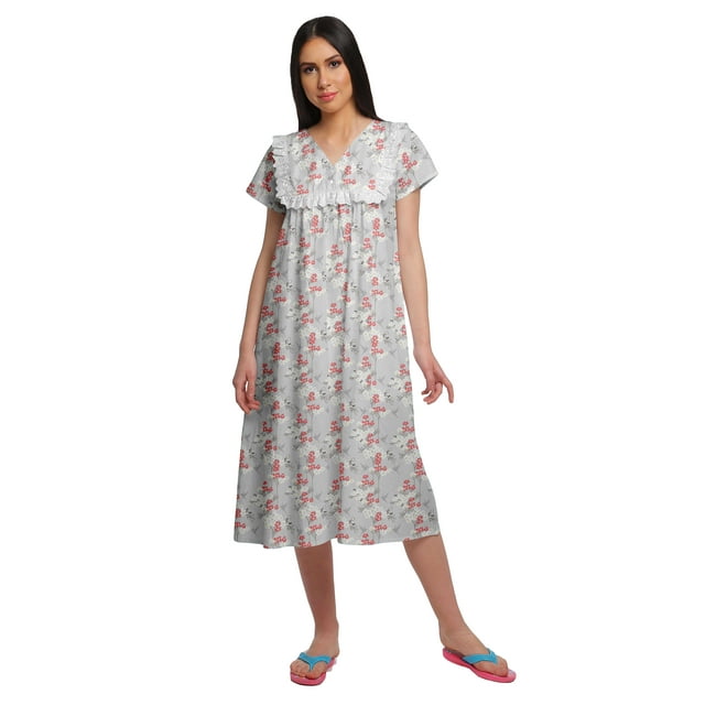 Moomaya Printed Short Sleeve Nightdress For Ladies Button Placket Nightwear