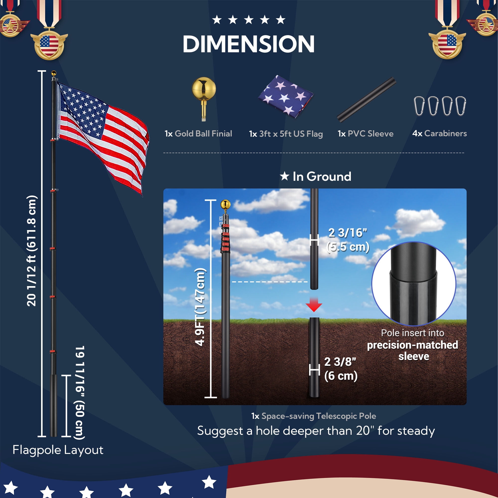 Yescom EZ GO 20Ft Black Telescopic Aluminum Flag Pole 3'x5' US Flag & Ball Top Kit 2 Flags for Yard Outdoor Garden
