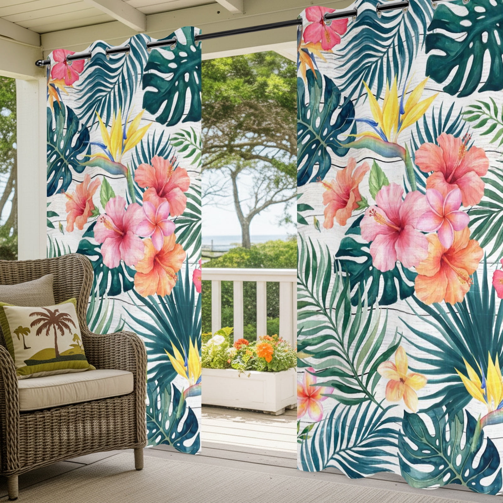 Pink Hibiscus Flower Outdoor Curtains for Patio, Palm Leaf Summer Coastal Tropical Botanical Sunshade Privacy Drapes Grommet Waterproof Outside Curtains for Porch/Cabana/Balcony 54"x 108", 1 Panel