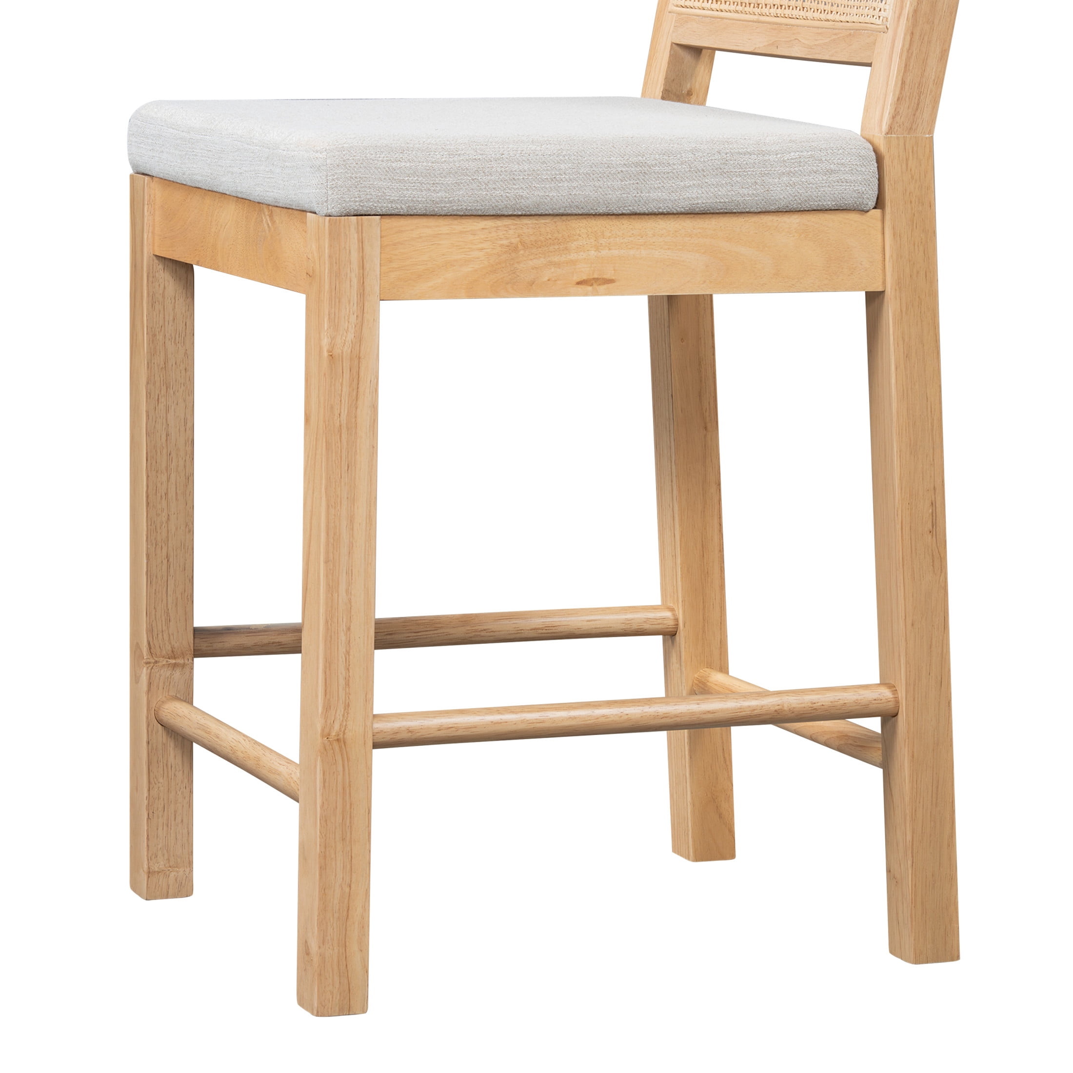 Christopher Knight Home 24.5" Counter Stools, Natural Wood Frame, Rattan Woven Back, Gray Cushion, Set of 2