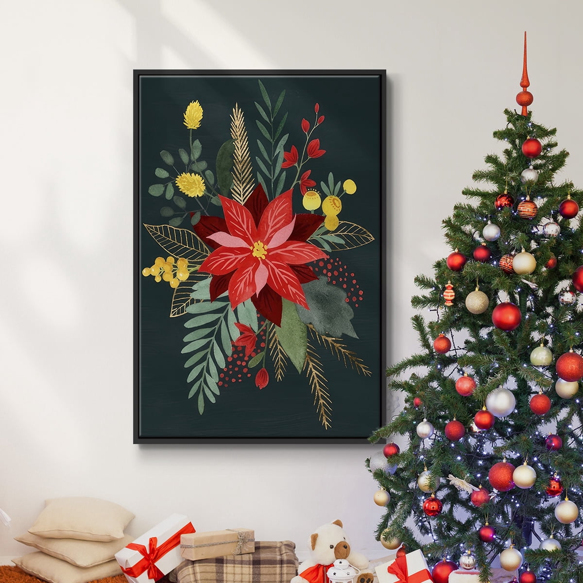Bright Christmas Night Collection B - Framed Gallery Wrapped Holiday Canvas - 25 x 37 - Black Frame