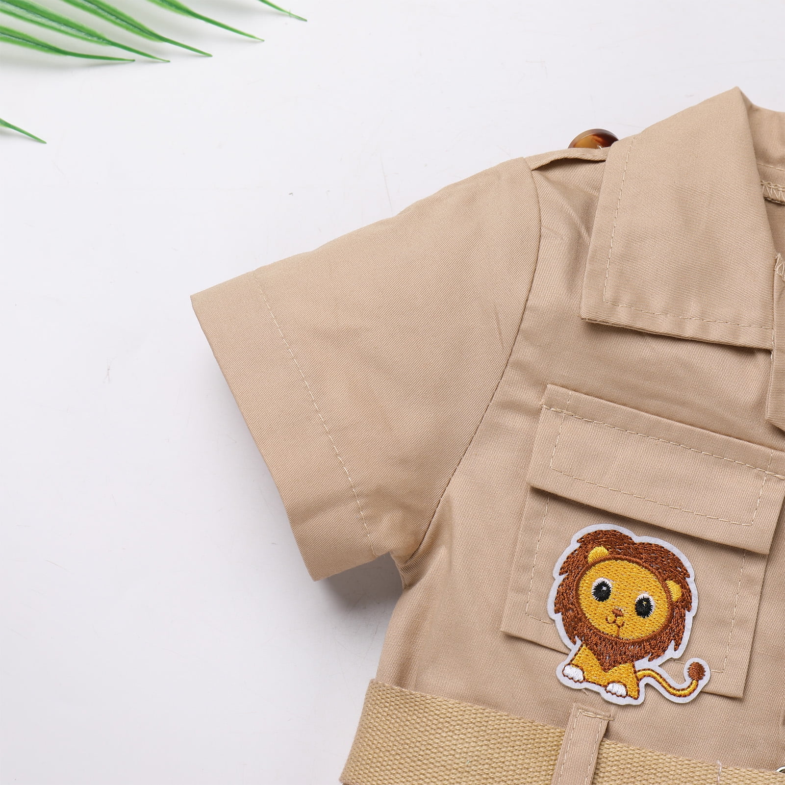 IBTOM CASTLE Toddler Baby Boys Girls Lion Giraffe Birthday Outfit One Piece Romper Jumpsuit with Belt and Hat Jungle Safari Cake Smash Clothes 0-6 Months Khaki