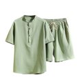 thumbnail image 1 of Two Piece Pants Sets Mens Two Piece Solid Cotton Linen Short Sleeve V Neck Tops and Shorts Set, 1 of 10