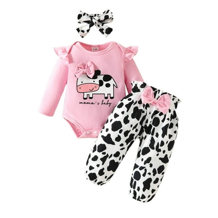 

Tosmy Boy Girl Clothes Long Sleeve Letter Cartoon Dairy Cow Print Romper Bodysuit Pants Headbands Outfits Fall Winter Outfit