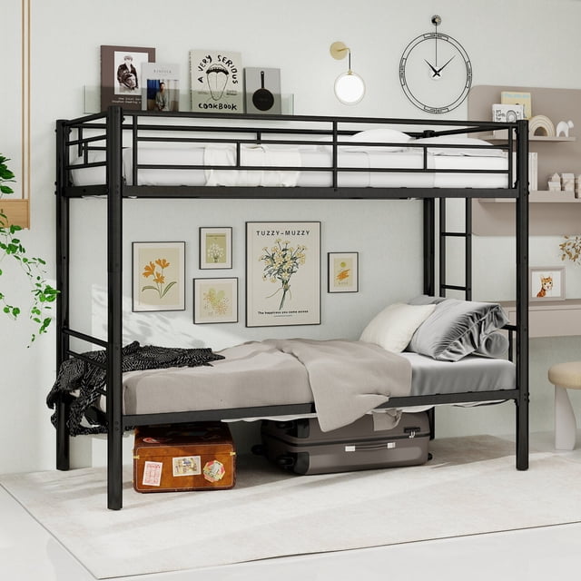 Morufur Échelle de Lit Superposé Simple sur Simple et Garde-Corps, Cadre de Lit Robuste pour Chambre, Réduit le Bruit/pas de Sommier Requis, Noir
