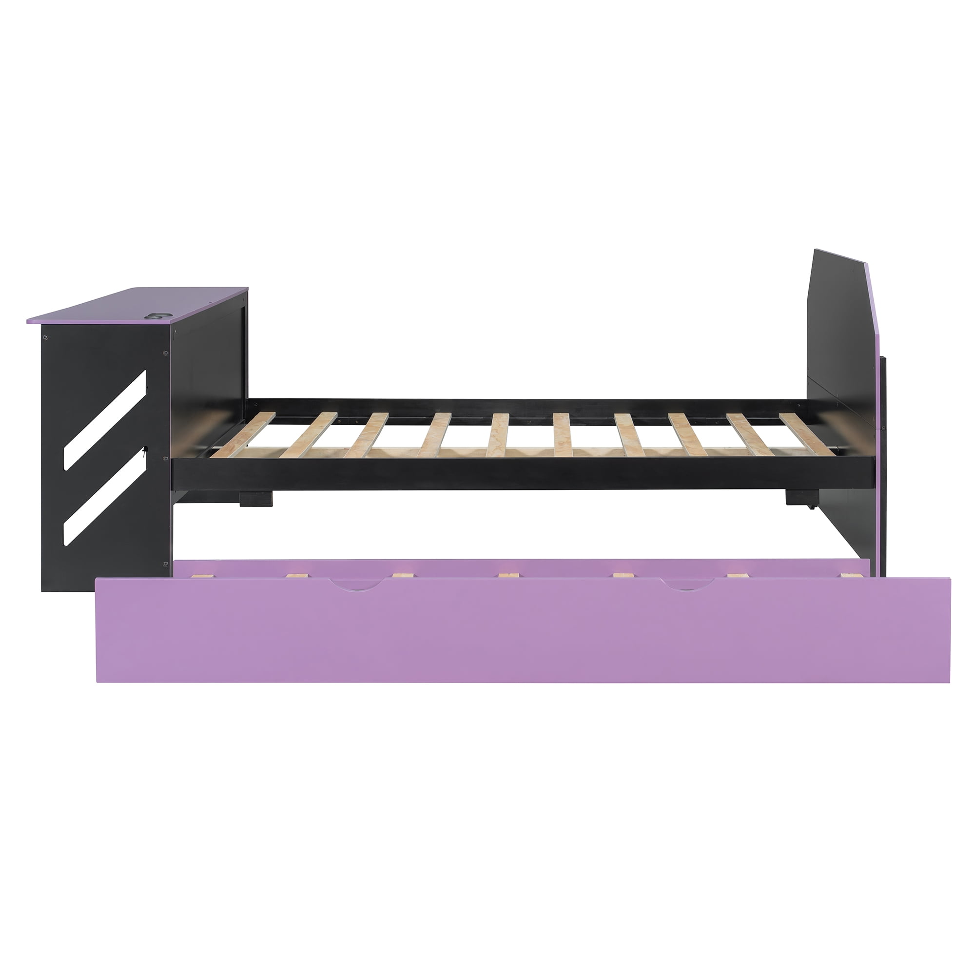 Mintazer Full Size Gaming Daybed with Pull-Out Twin Size Trundle & Desk, Platform Bed Frame with USB for Bedroom Dorm, Black & Purple