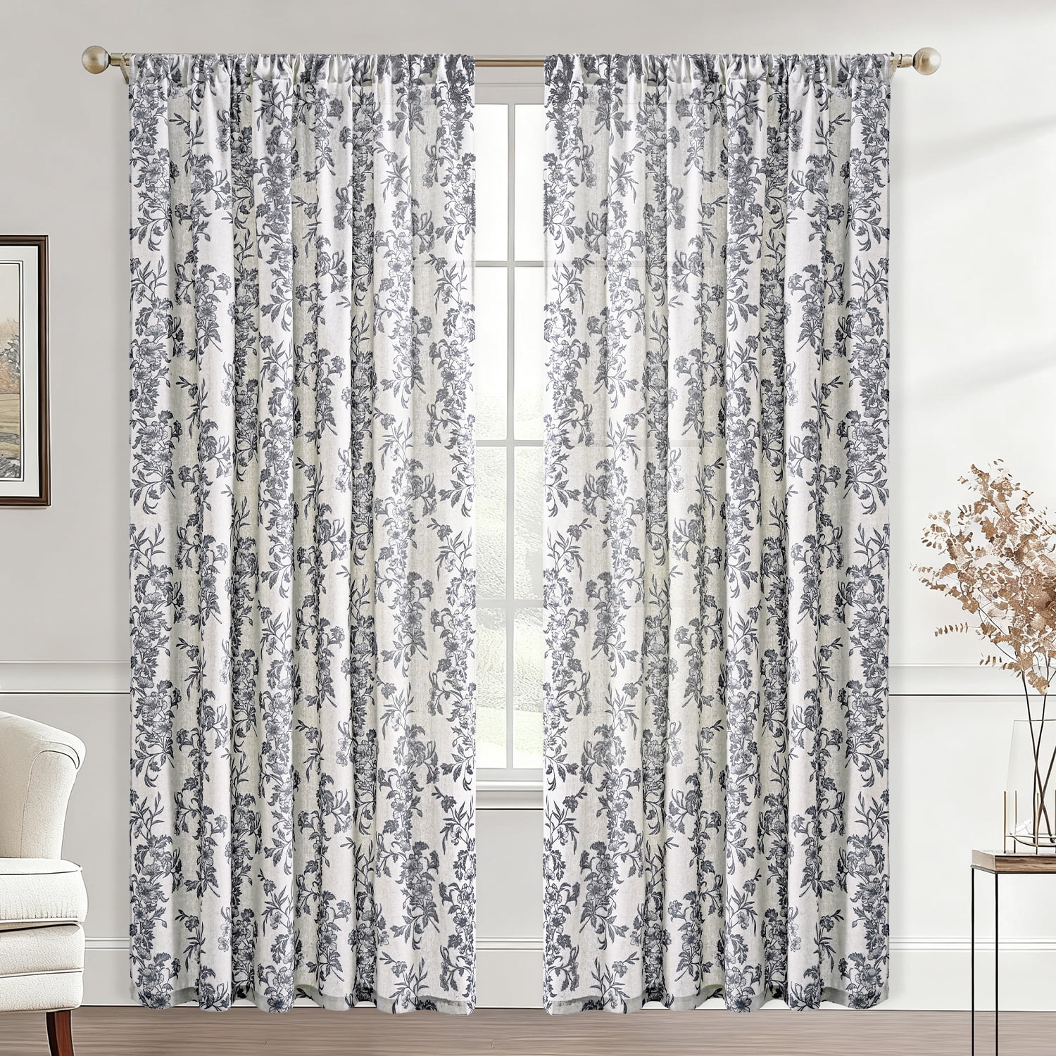 Alishomtll Floral Curtains for Living Room Farmhouse Country Linen Curtains Light Filtering Window Drapes,Black ,52"x84", 2 Panels