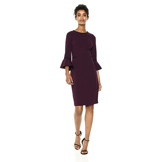Calvin Klein Bell Sleeve Dress with Contrast Piping, Aubergine/Black 14 -  
