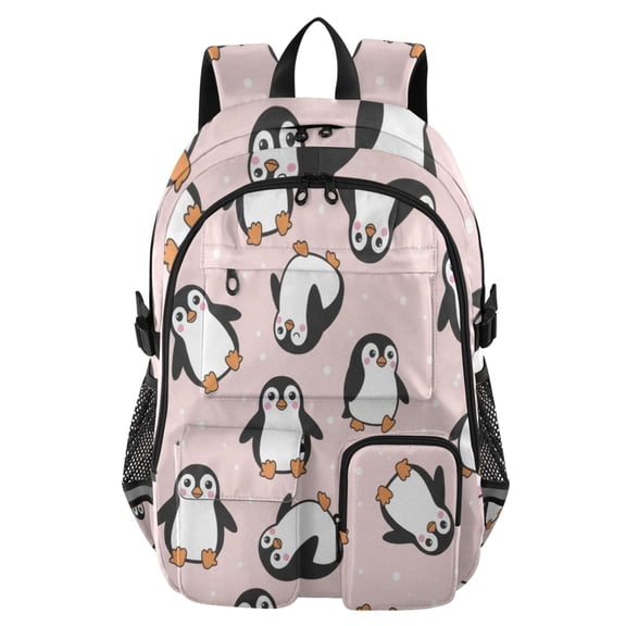 DIXRUYEE Cute Penguins White Backpack for School 14”Laptop Compatible with Reflective Safety Strips