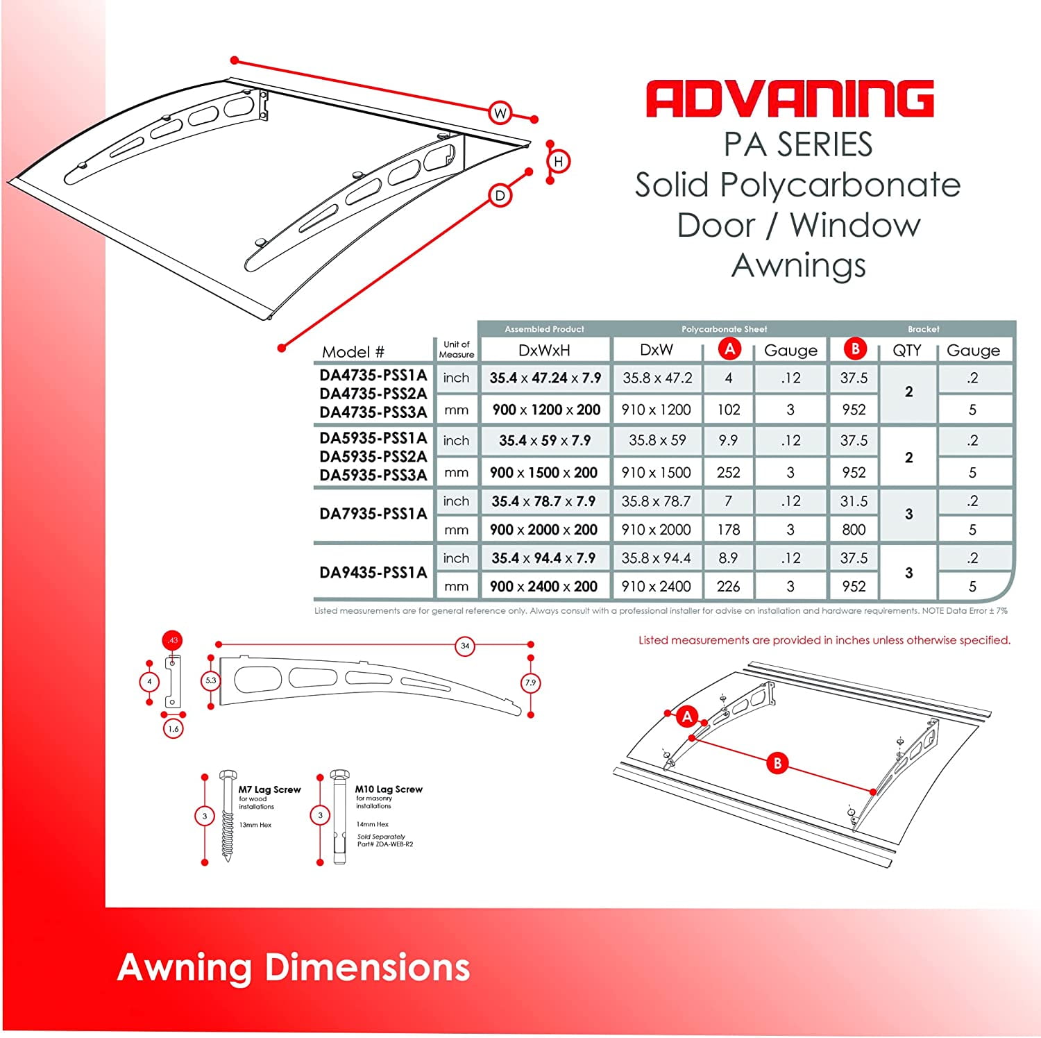 ADVANING 59"x35" Solid Polycarbonate Door Awning, PA Series, Tinted Gray Sheet, Aluminum Brackets, DA5935-PSS2A