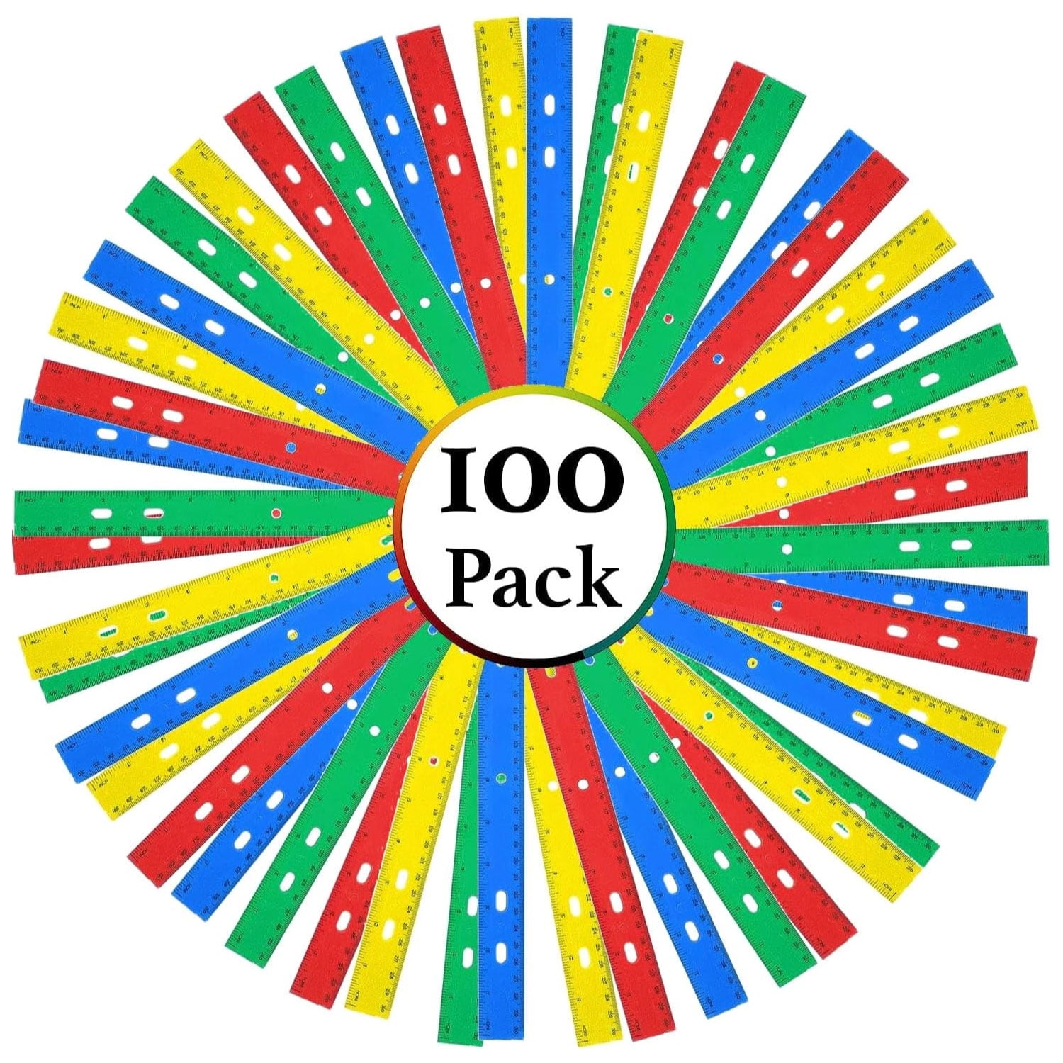 100 Pack of Bulk Wholesale Plastic 12"L Metric Rulers in Red, Yellow, Blue and Green - 100 Count of Plastic 12"L Metric Rulers