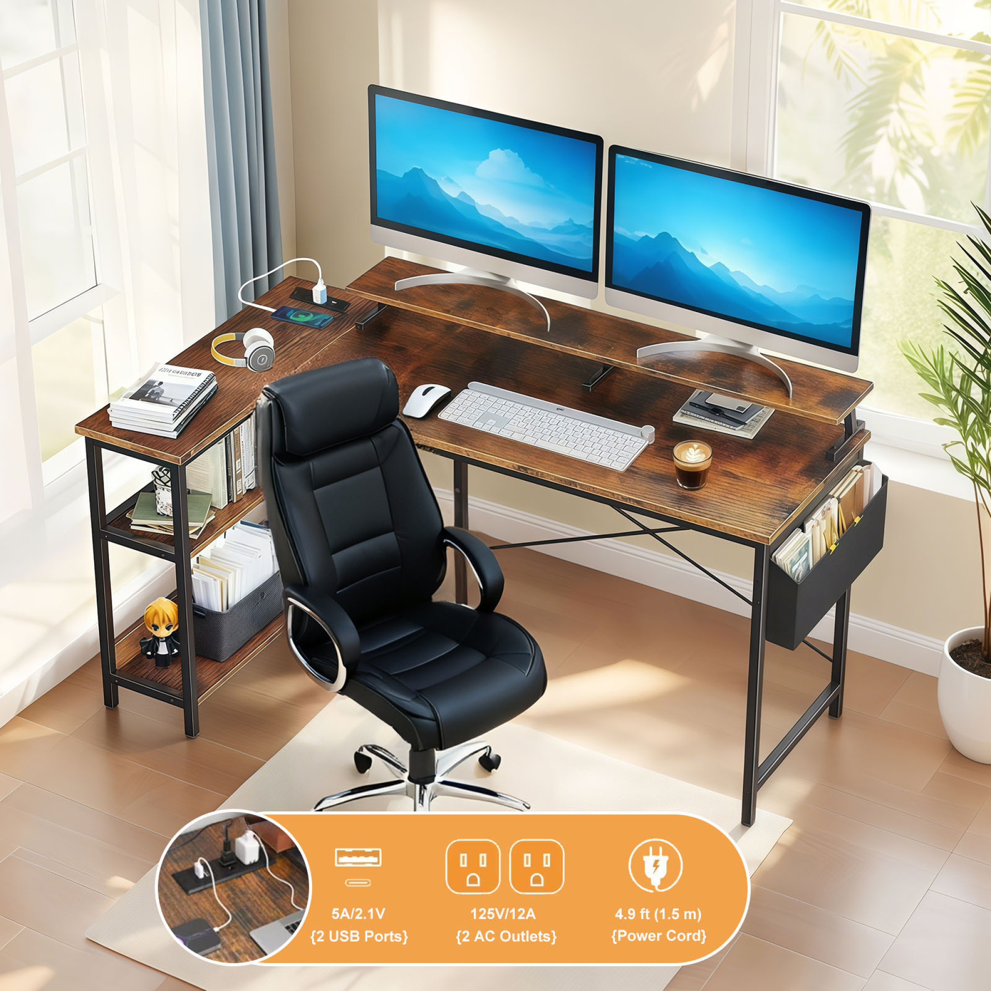 L Shaped Computer Desk with Monitor Stand 47'' Gaming Desk with Power Outlets, Office Desk with Side Bag for Home Office, Bedroom