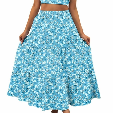 

AXXD Clearance Under $5 Clothing For Girls Floral Print Beach Boho Elastic High Waist A-Line Swing Ruffled Tiered Maxi Table Skirt For Woman Dark Blue 8